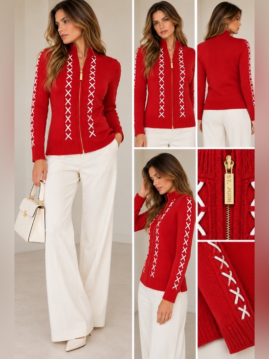 St. John Jackets & Blazers - St. John Red Knit Zip Jacket White Lace Up Corset Trim Gold Hardware Size 4